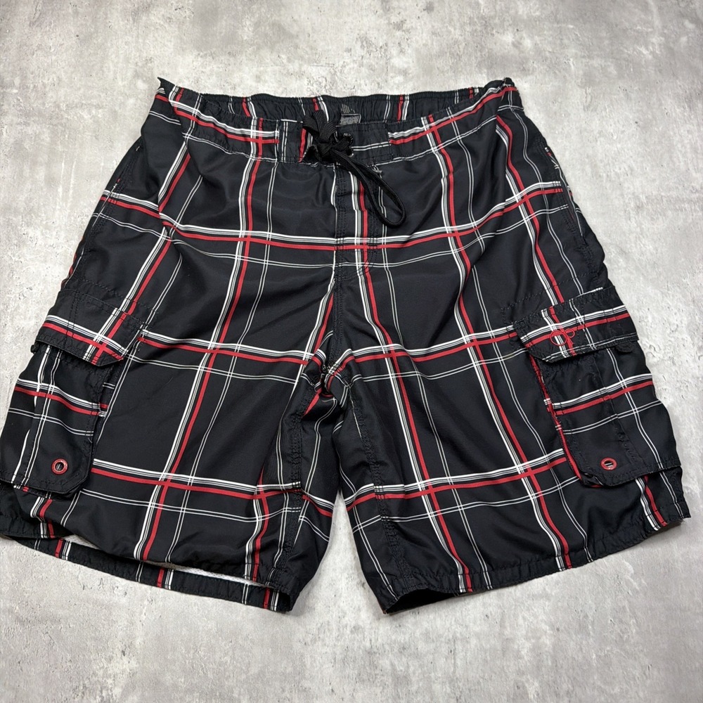 OP Swim Shorts Mens Size Large 36-38 Black/Red Plaid Cargo Pockets Trunks Lined